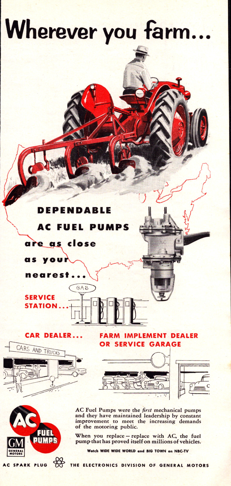 AC Fuel Pumps Red Tractor Dependable Farming Agriculture Vintage Print Ad 1956