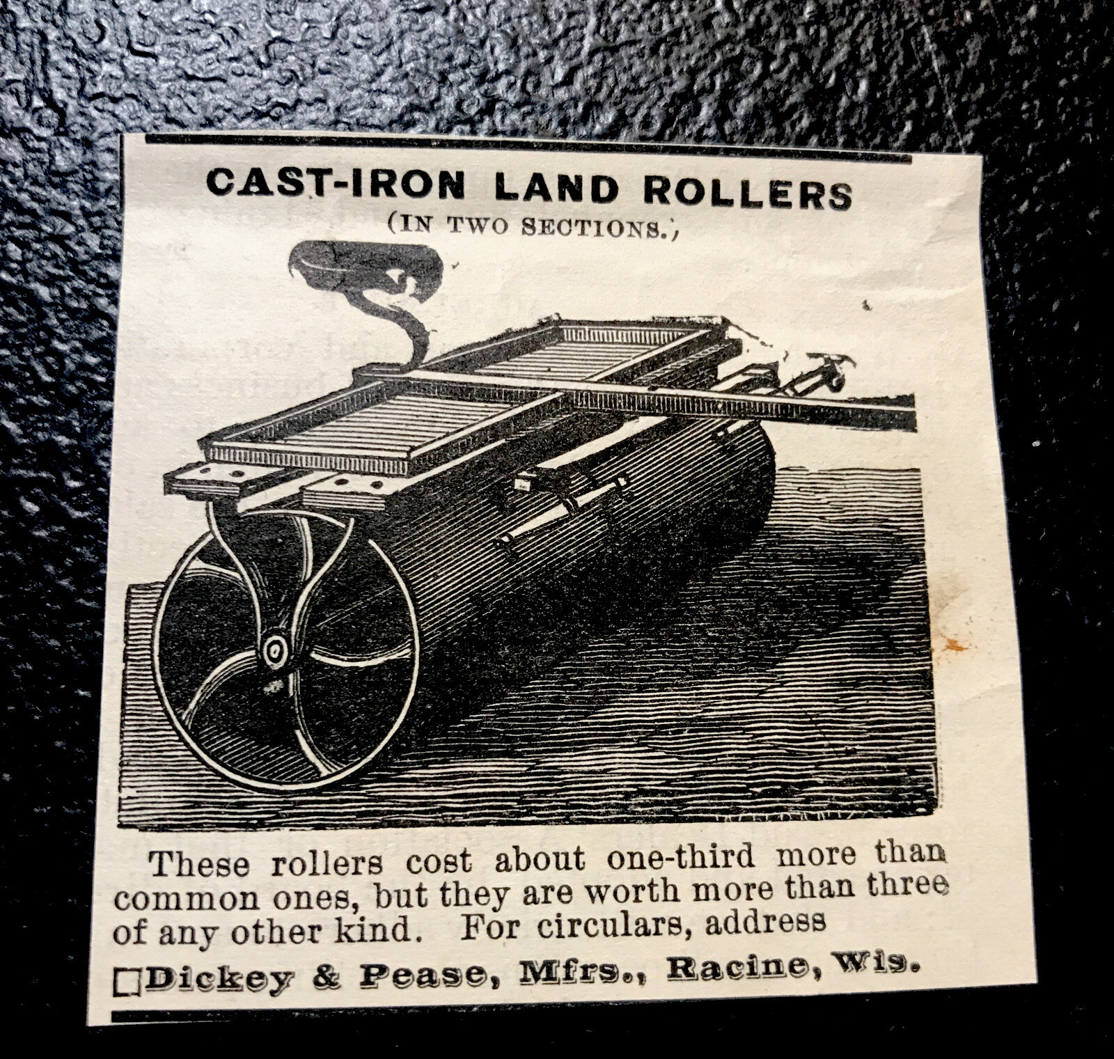 1886 Dickey & Pease Land Rollers Farm Engraving Advertising – Racine – Wisconsin