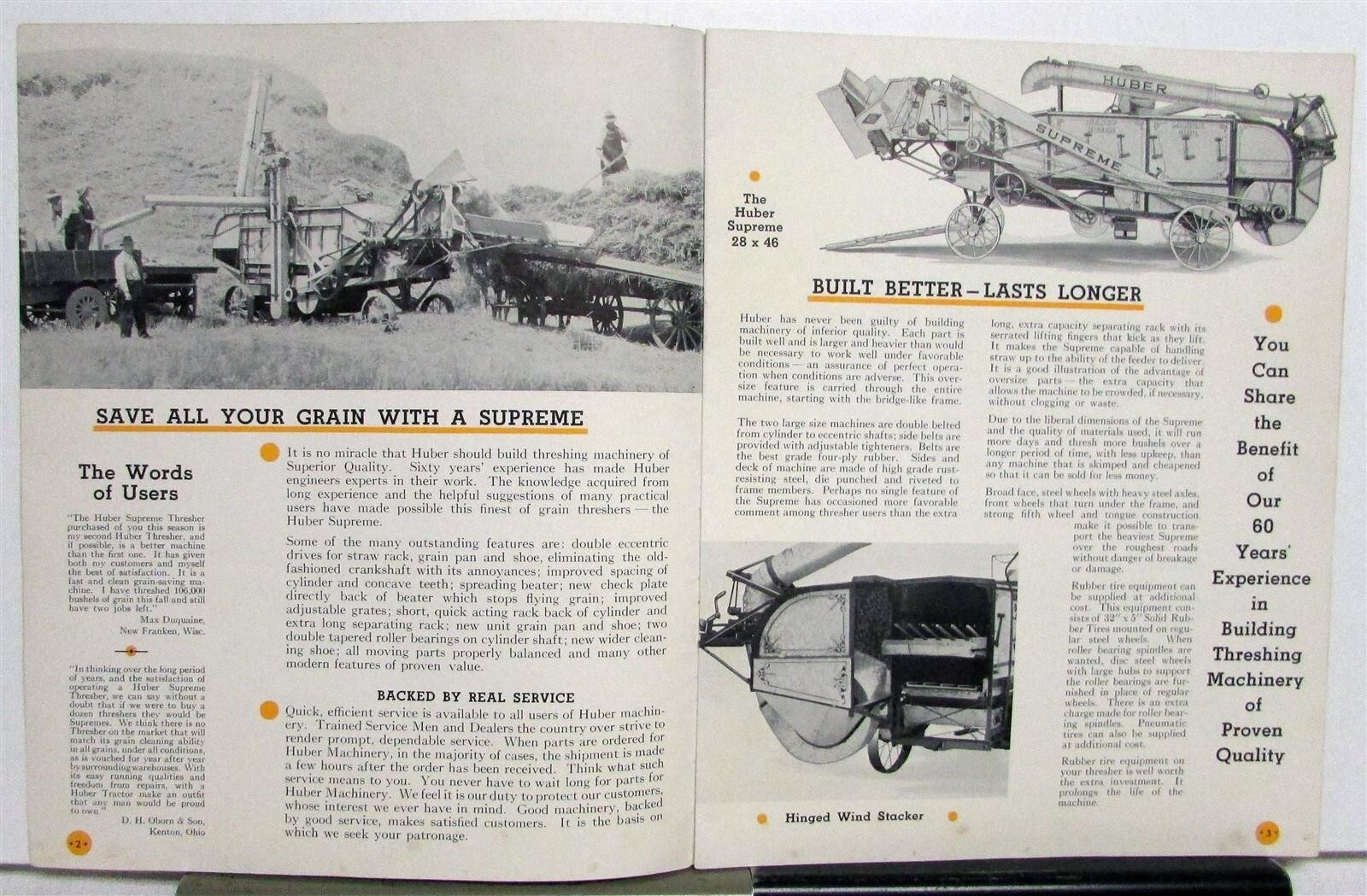 1930s Huber Supreme Threshers Specifications Agriculture Sales Brochure