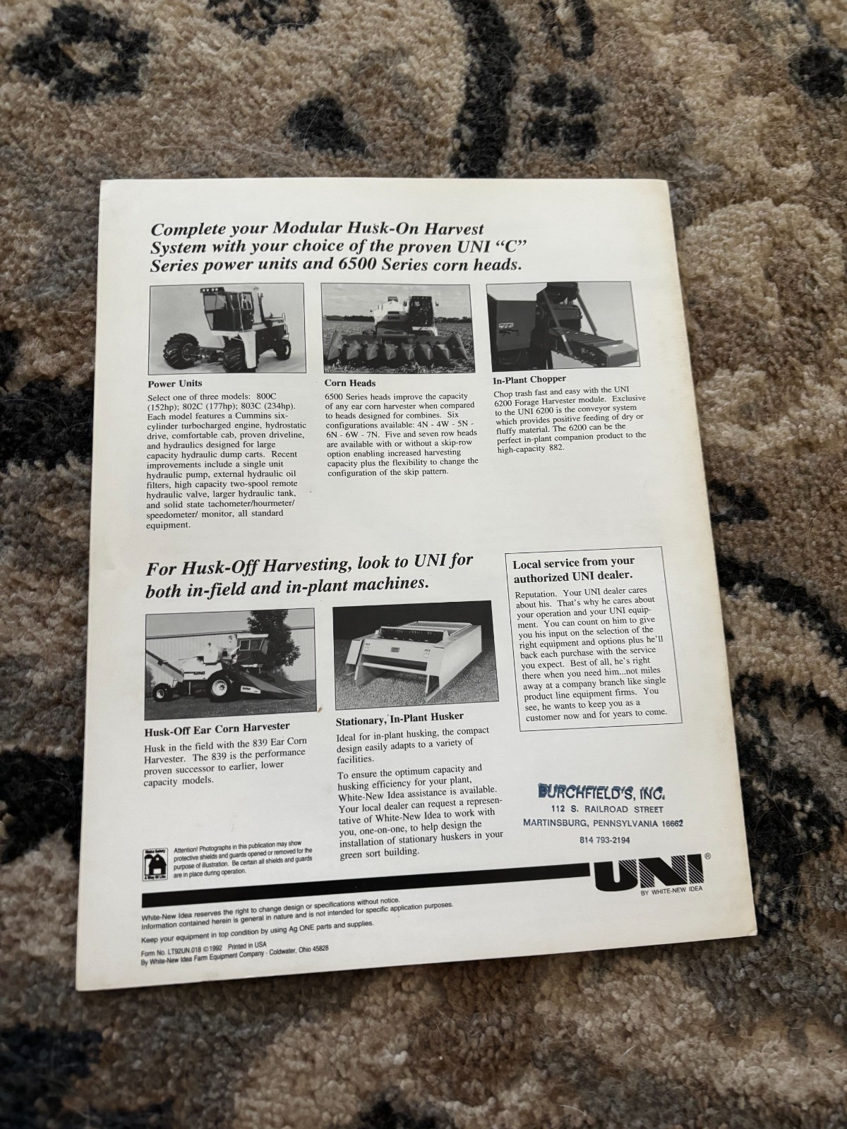 New Idea 882 Ear Corn Husker For 1992 Brochure DCPA26