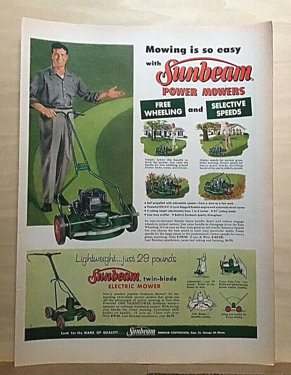 1957 magazine ad for Sunbeam Power Mowers – Free Wheeling, Selective Speeds