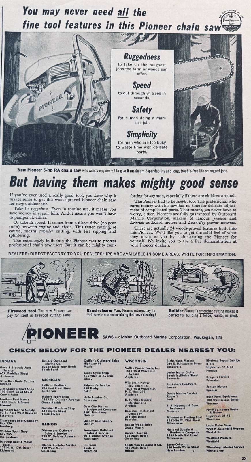 Lot of (3) Late Fifties Pioneer Chain Saw Advertisements Set 815