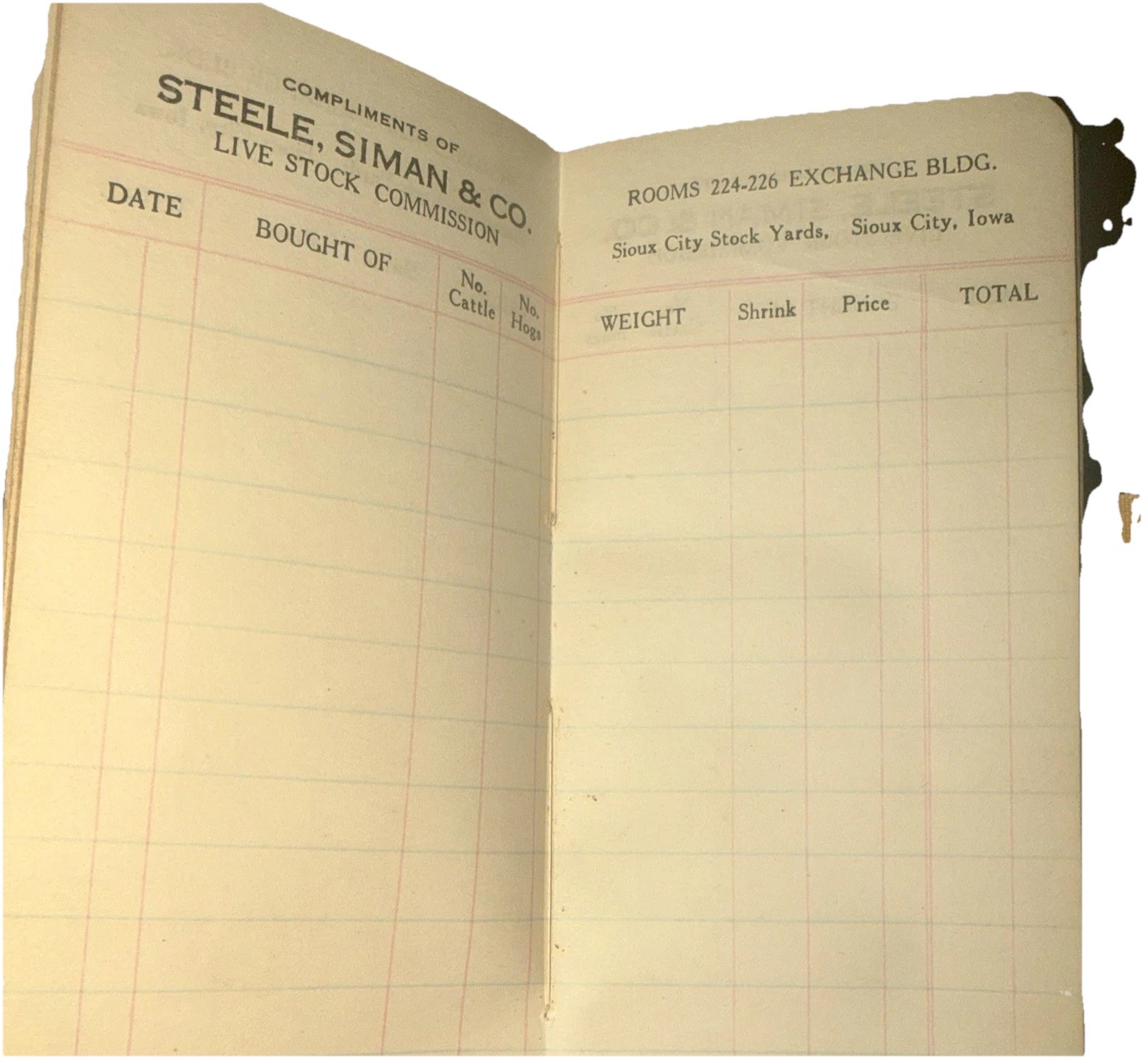 1916 Antique Livestock Ledger Steele Siman Sioux City Stock Yards Cattle Book
