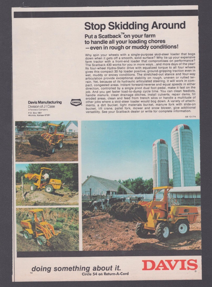 1974 Print Ad Davis Mfg Wichita KS Stop Skidding Around Scatback Skid-Steer