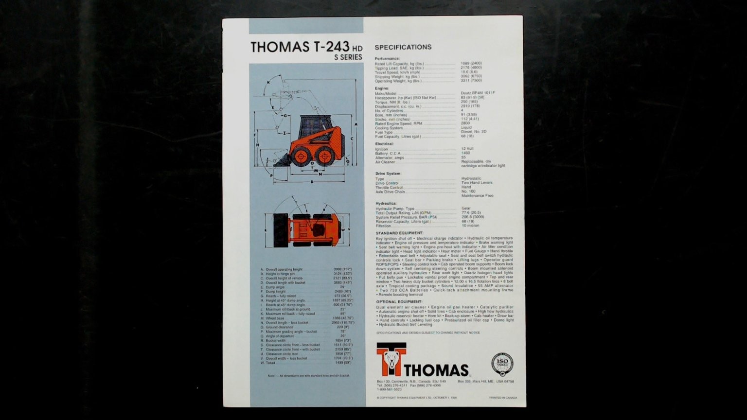 Thomas T-243 HD Skid Steer Loader Brochure Vintage Agriculture 1980s