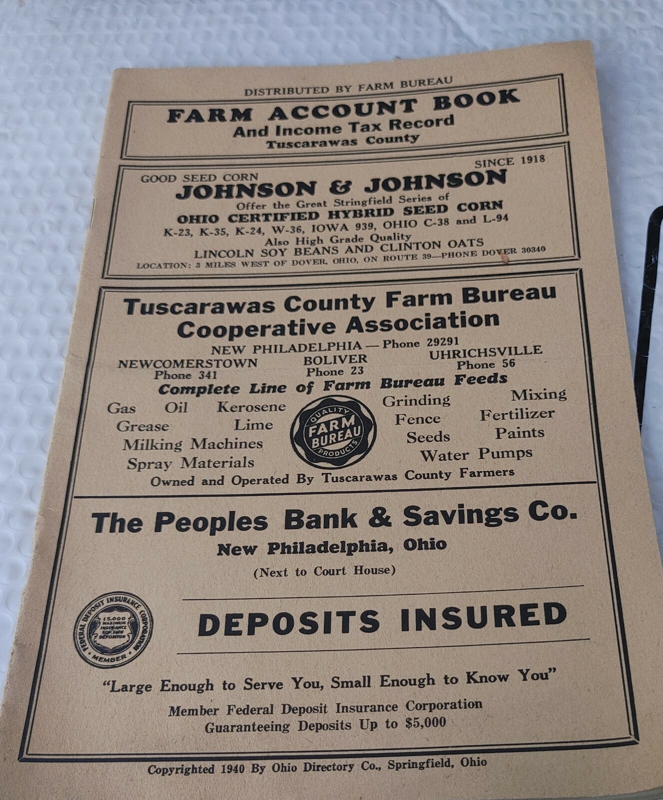 1940 Farm Account Book Tuscarawas Co. Ohio Unused
