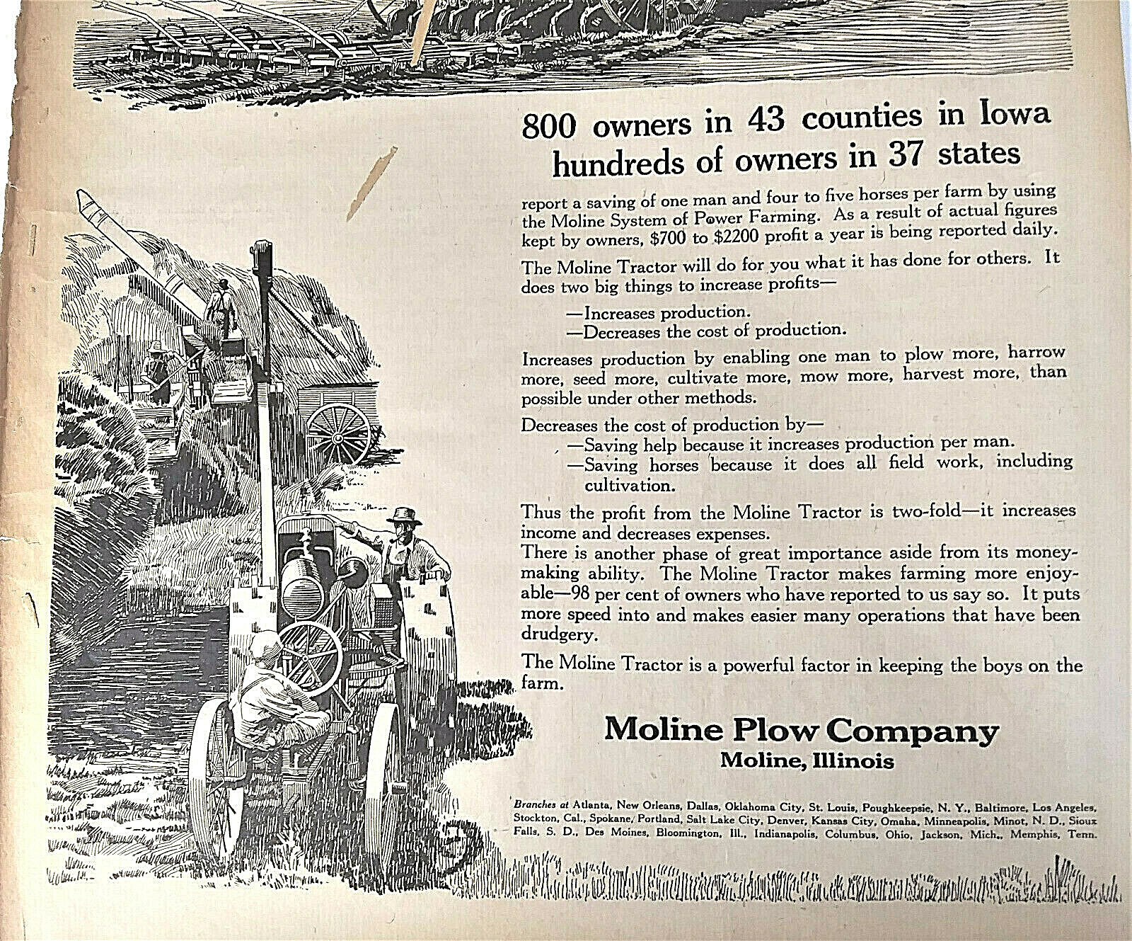 1920 Moline Universal Tractor Ad, Vintage, Moline Plow Co.