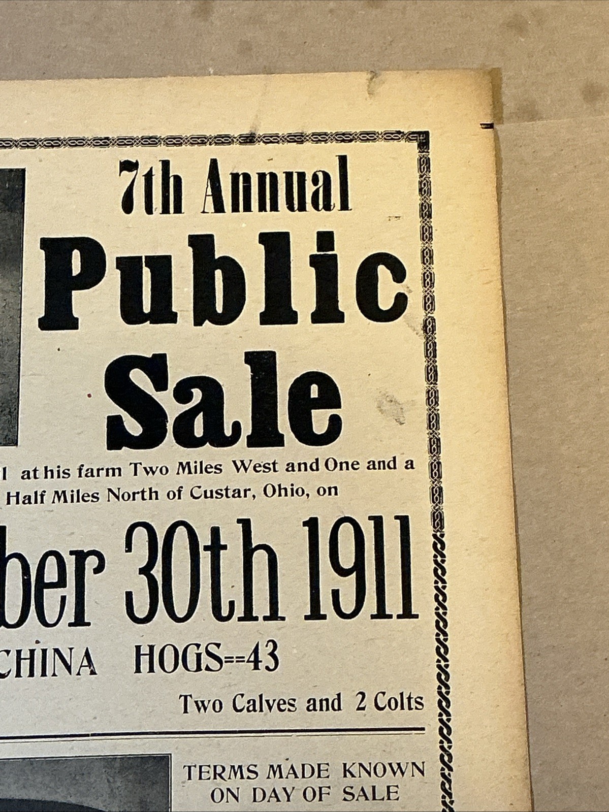 Antique 1911 Original Auction Poster China Hog Public Sale Ohio As Is INV-AC07Z