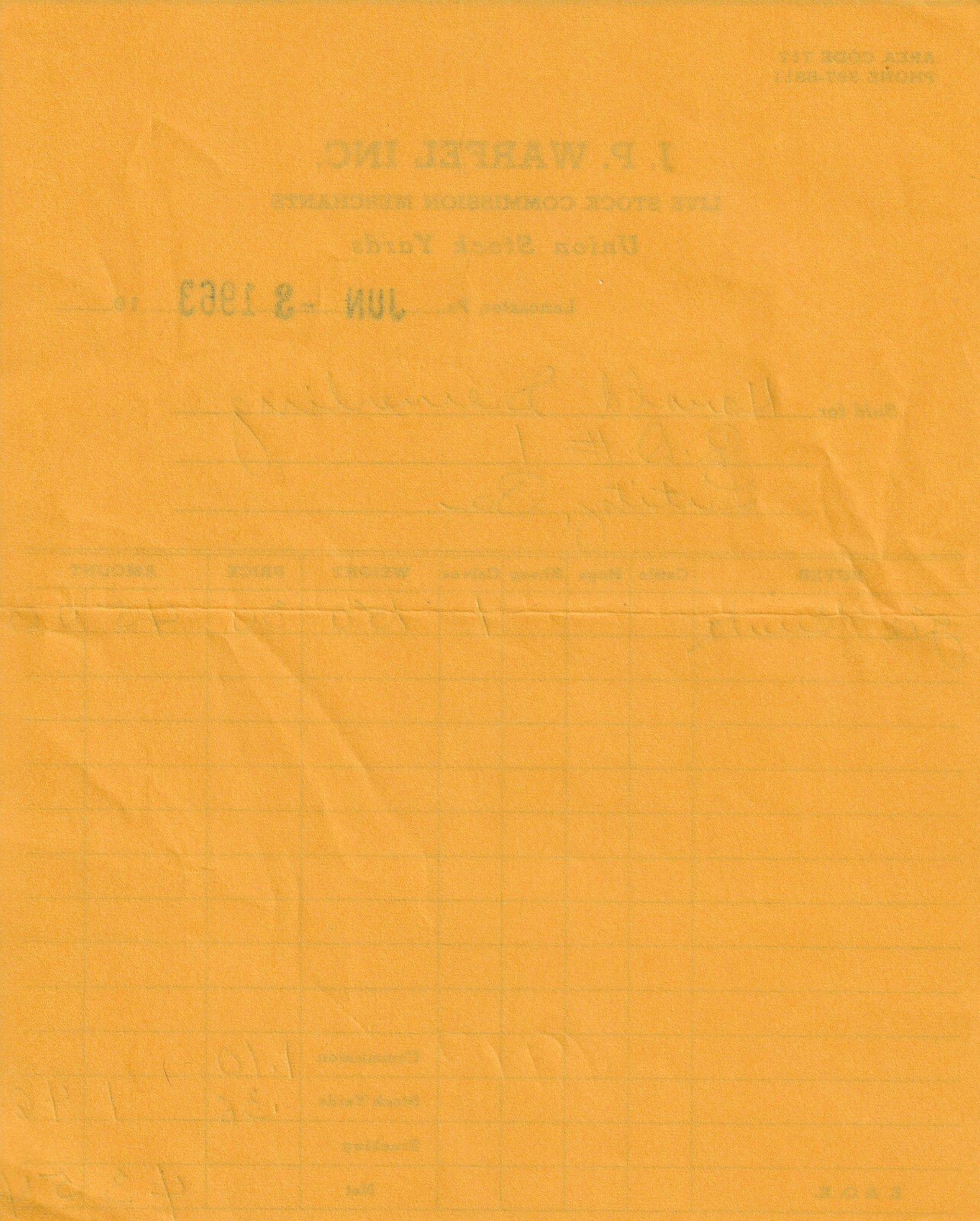 1963 J.P Warfel Live Stock Commission Merchants Calf Receipt Lancaster, PA