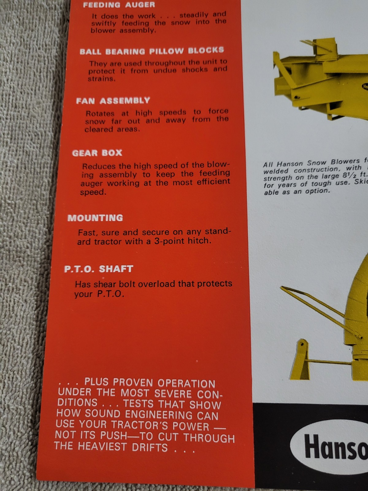 HANSON Vintage 1960s Snowblowers Sales BROCHURE Tractor Rear Mount PTO 3point