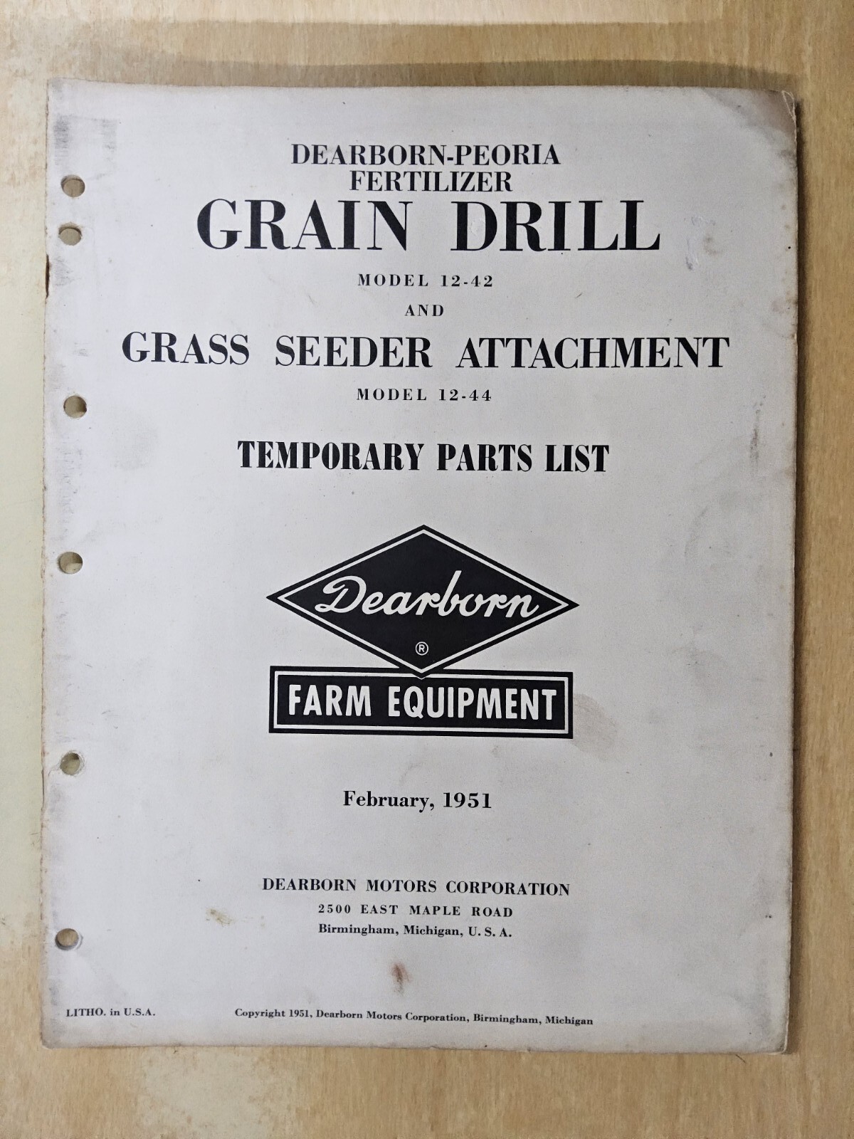 Dearborn-Peoria Fertilizer Grain Drill, Model 12-42 & 12-44 Parts List, 1951…