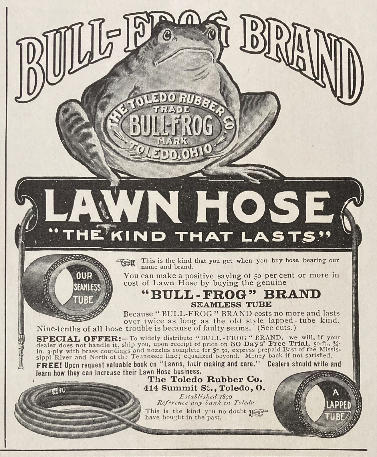 1905 AD.(XH68)~THE TOLEDO RUBBER CO. OHIO. BULL-FROG BRAND LAWN HOSE