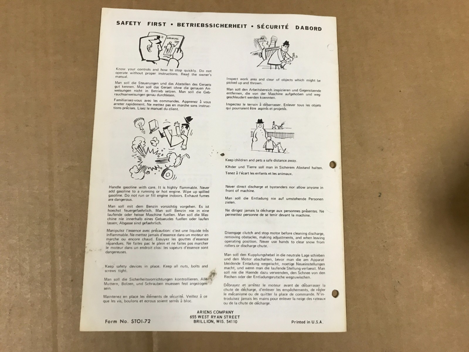 Vintage Ariens Sno-Thro Owner&rsquo;s Manual Booklet – Form STOI-72