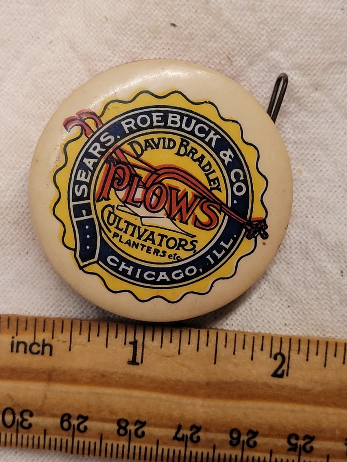 Vintage Sears Roebuck Tape measure Rare David Bradley Plows Colorful Graphics