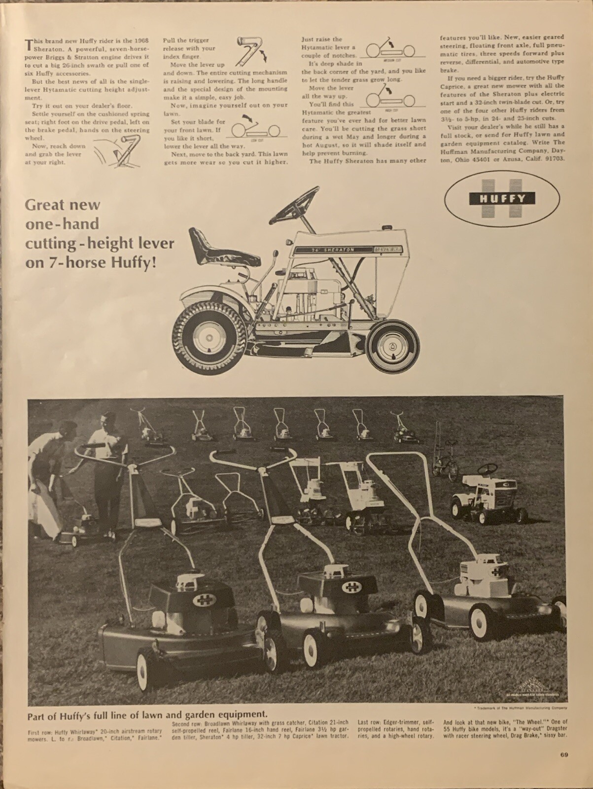 1968 Huffy Sheraton Riding Lawn Mower PRINT AD 7-HP Tractor Cut Grass VTG 1960s