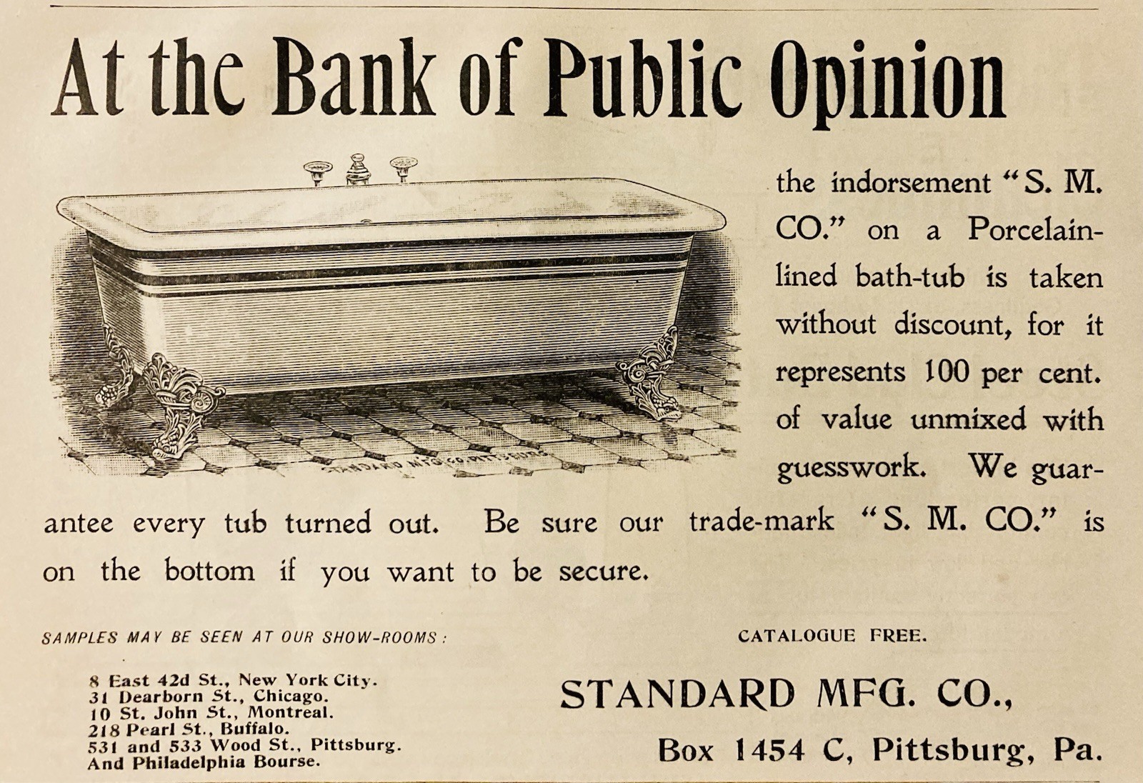 1896 AD.(PC10)~STANDARD MFG. CO. PITTSBURG, PA. PORCELAIN-LINED BATH-TUB