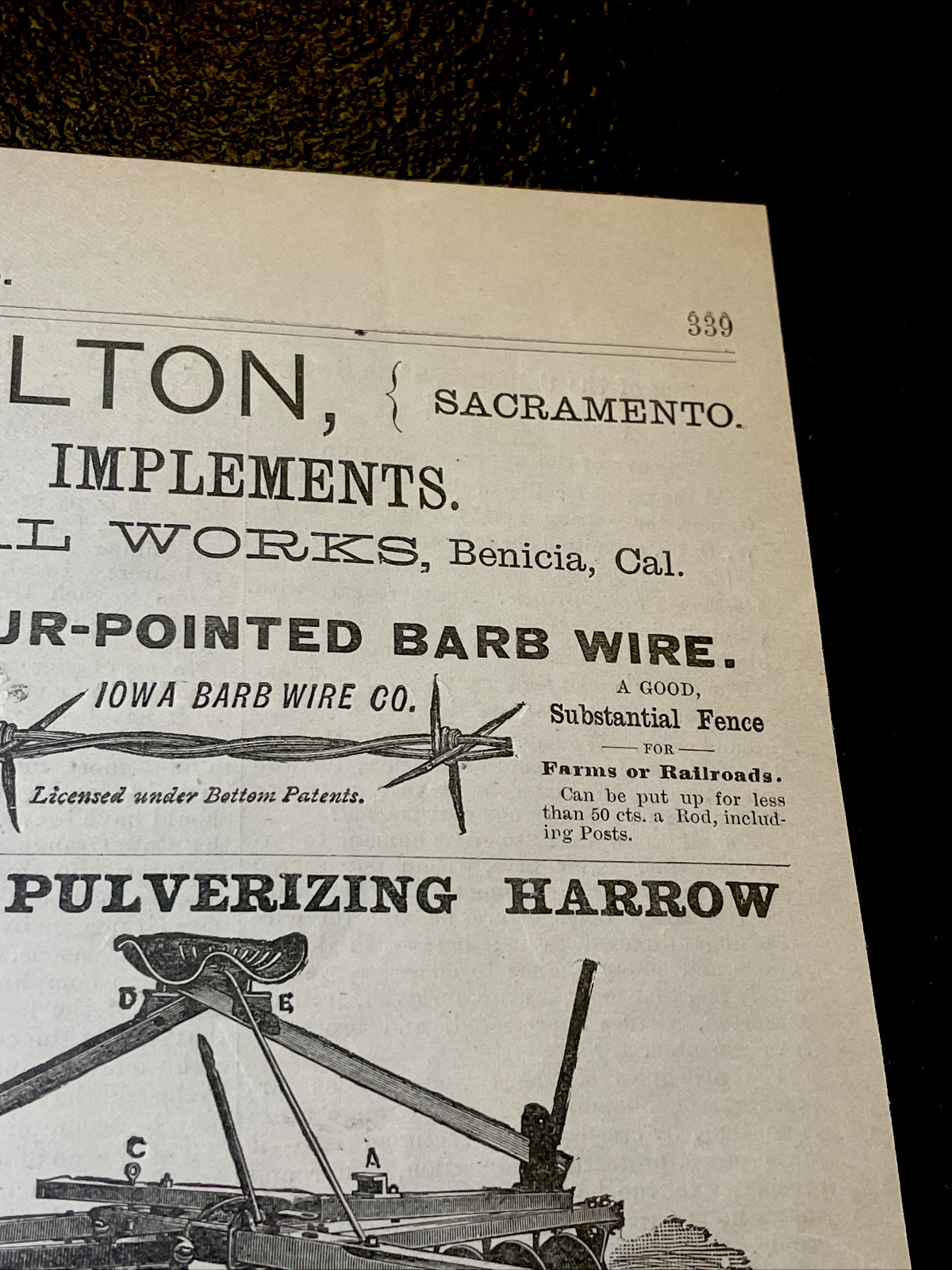 1883 Farm Advertising Engravings – Iowa Barb Wire – Randall Harrow – California