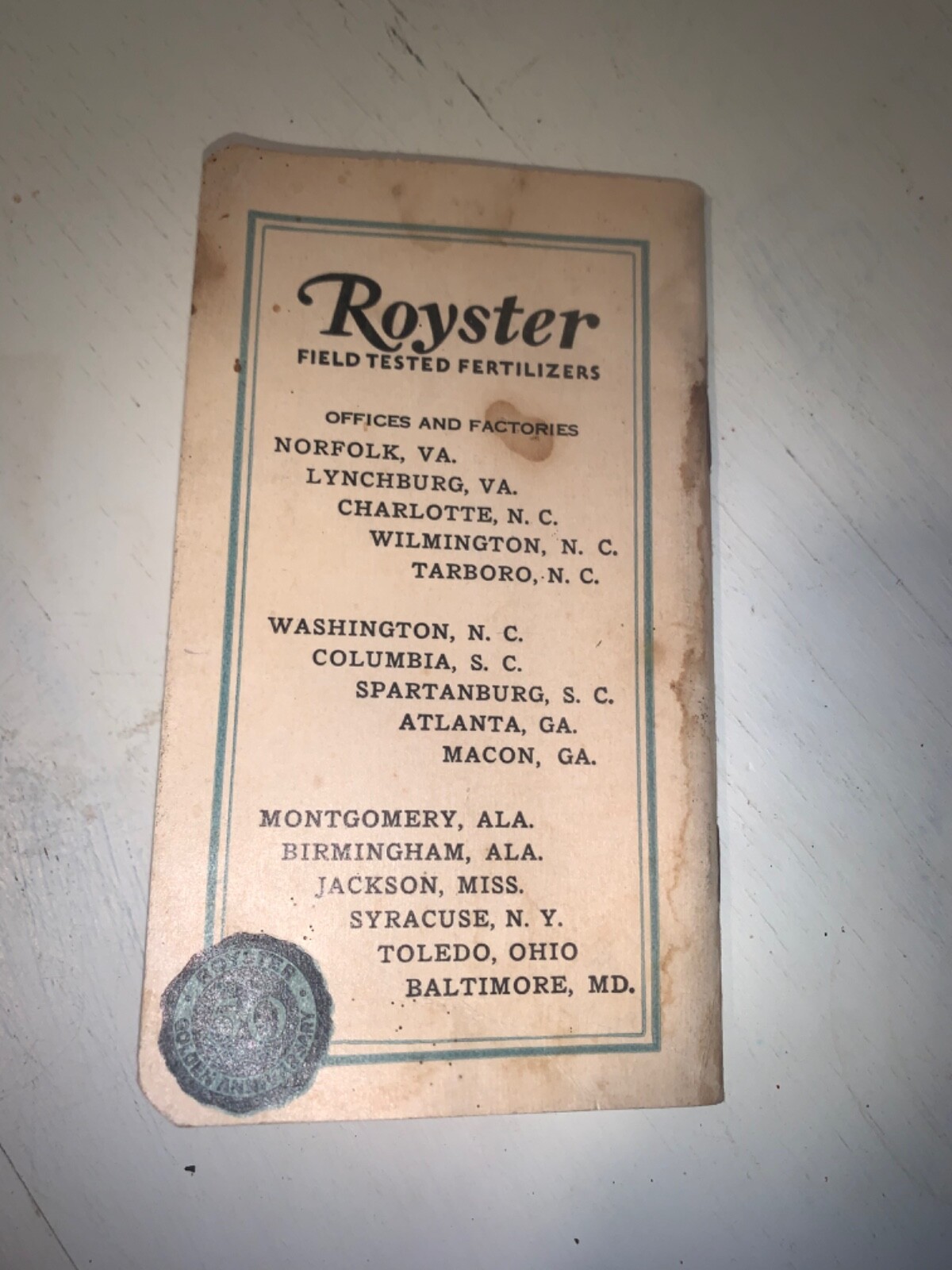 F.S. ROYSTER GUANO COMPANY (Norfolk Virginia) vintage 1935/36 Pocket Notebook