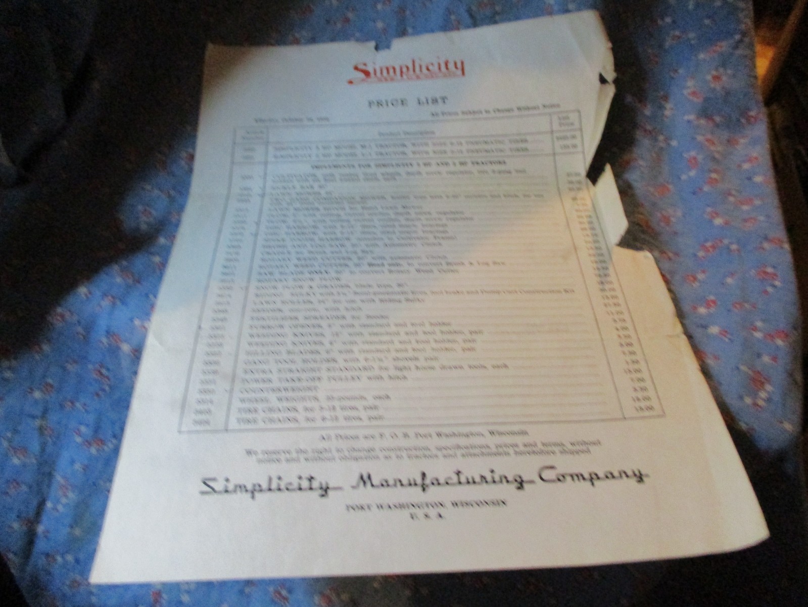 Oct 16 1950 Simplicity Manufacturing Company Price List Port Washington Wisconsi