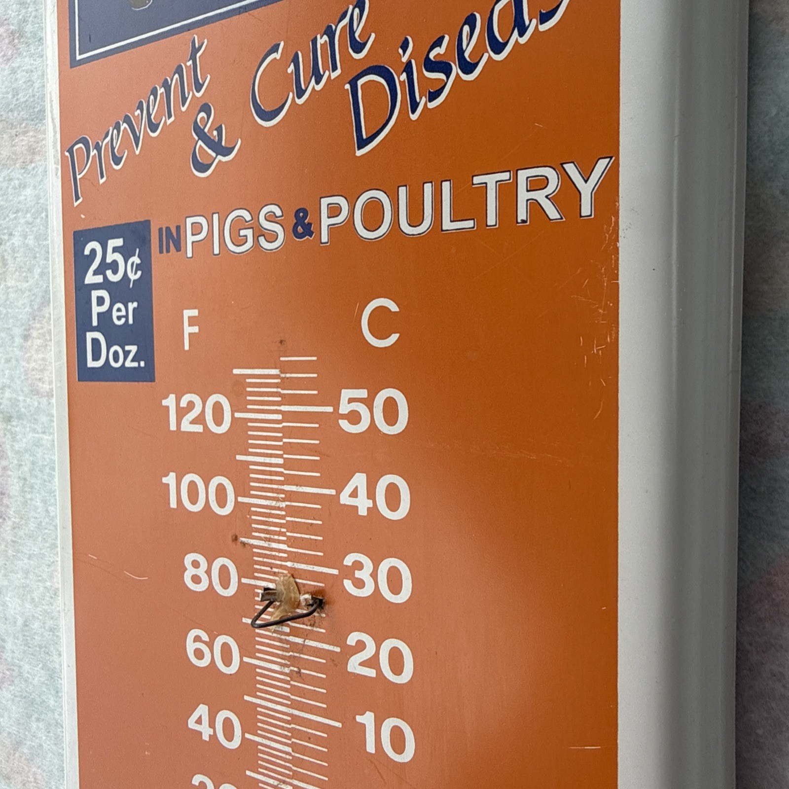 Vintage Pruett’s Pig Powders 16” Metal Taylor Thermometer -Tin Farm Sign!