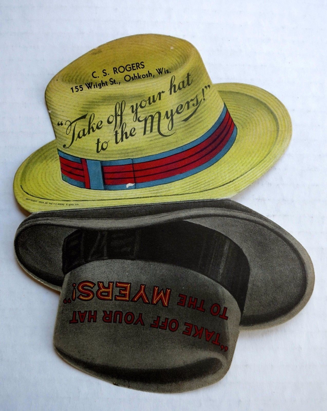1928 Die Cut Advertising Trade Card Shaped Like Hat For Myers Farm Equipment