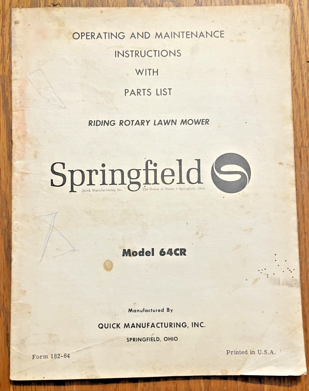 Springfield 1964 Riding Lawn Mower 64CR instruction/parts manual Quick Mfg Co