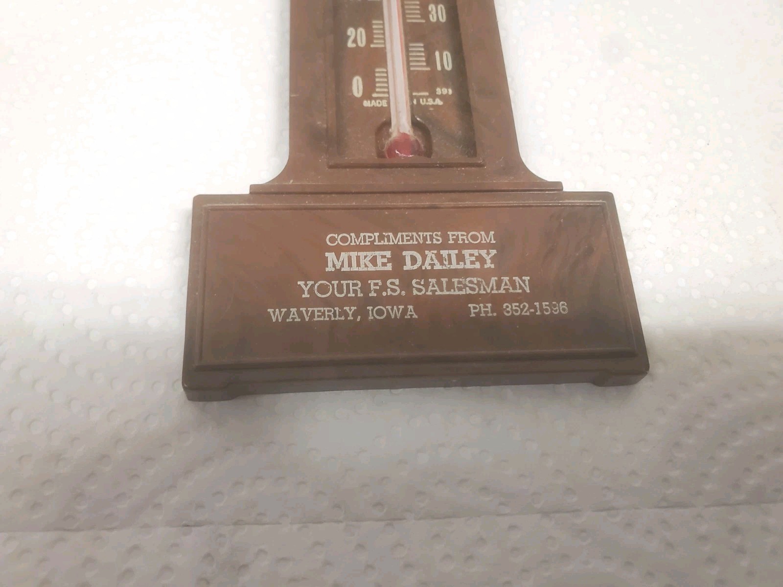 9&Prime; Plastic Thermometer Mike Dailey F S salesman Waverly Iowa Farm Service