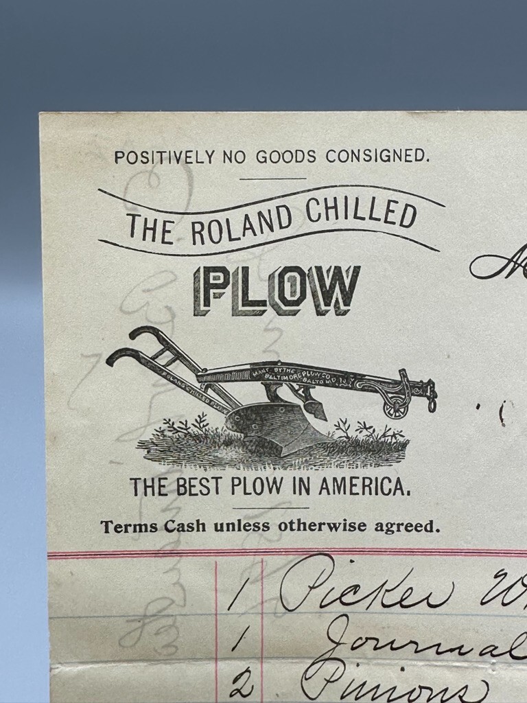 1896 ROLAND PLOW Illustrated WHITMAN MACHINERY Farm Advertising Billhead