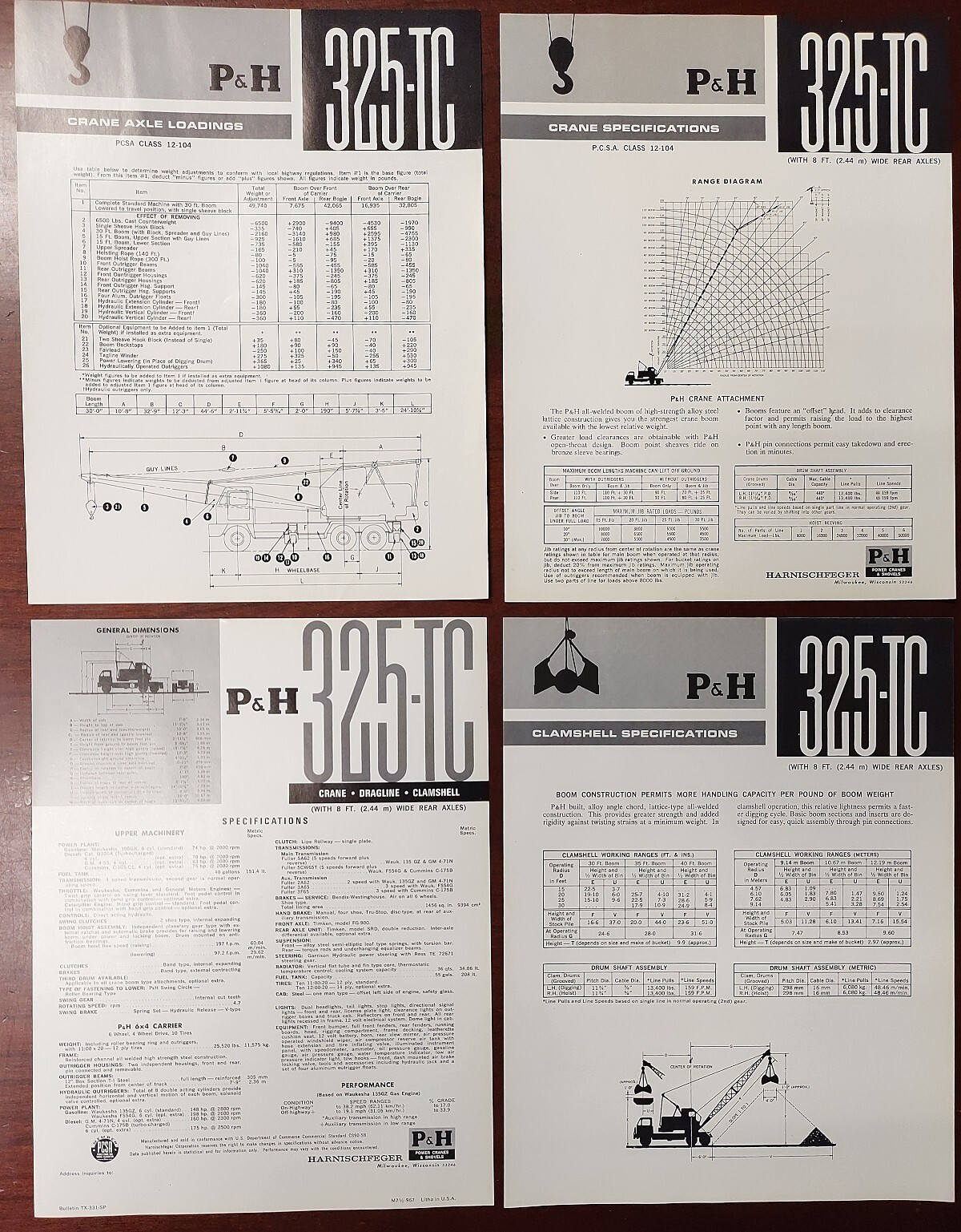 Vintage P&H Harnischfeger 325-TC Crane Fold-out Brochure + 4 Spec Sheets 1960s?