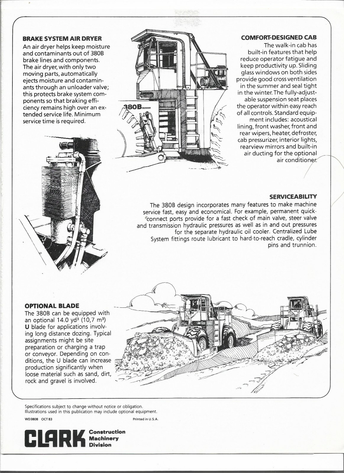 Original OEM Clark Michigan Model 380B Wheel Dozer Sales Brochure Form # WD380B