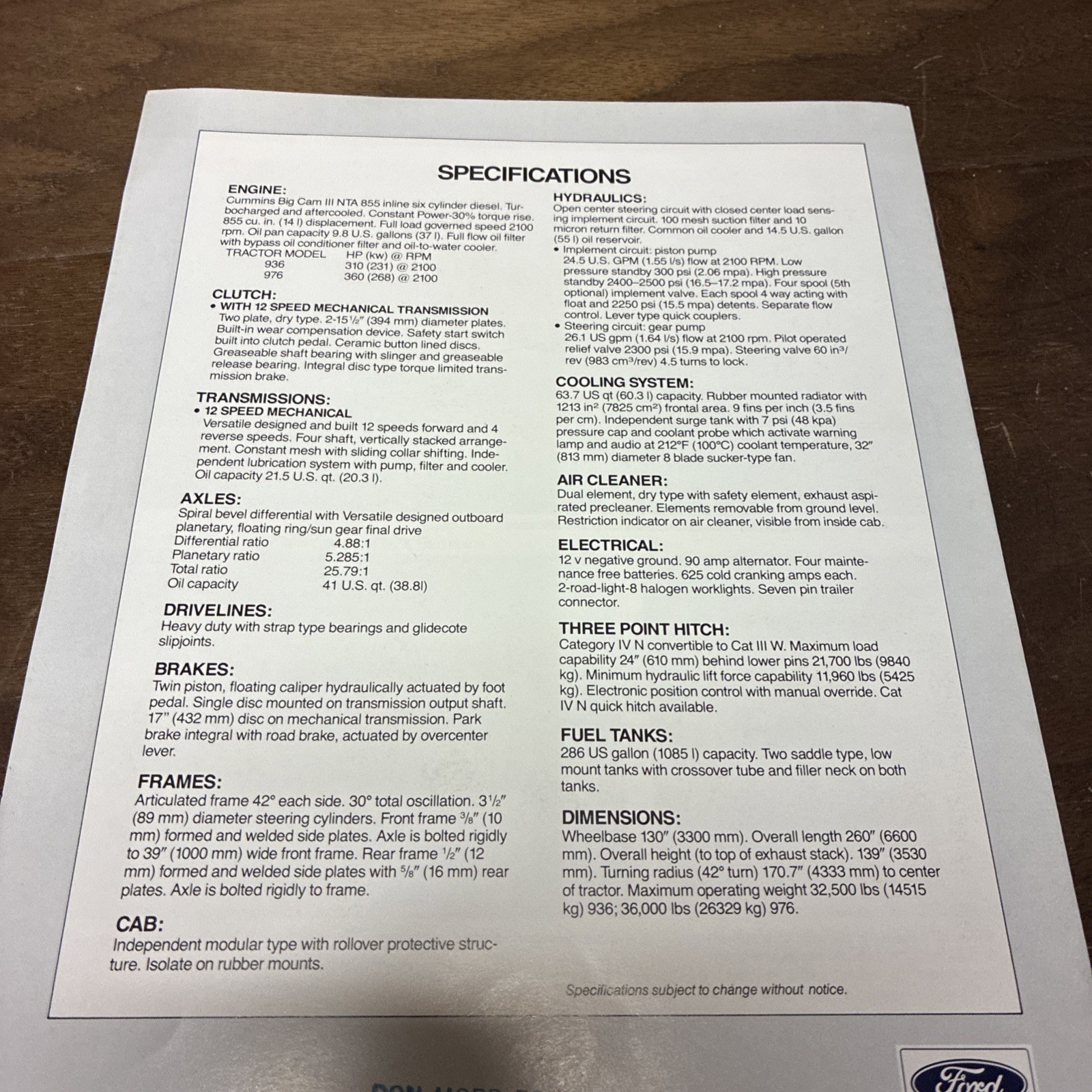1987 versatile 936 + 976 4wd tractors 2 page brochure in good shape used