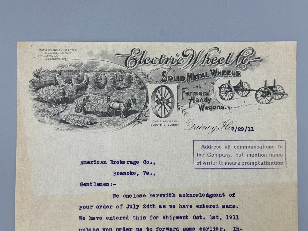 1911 ELECTRIC WHEEL Co FARM WAGON Advertising Letter QUINCY Illinois