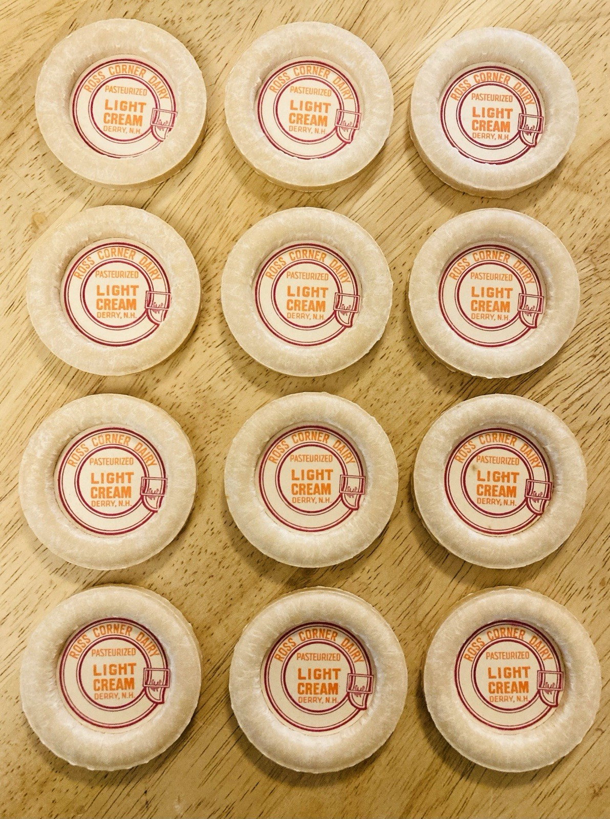 MILK BOTTLE CAP LOT (12)~ROSS CORNER DAIRY FARM, DERRY, NH. 1 3/8” SIZE