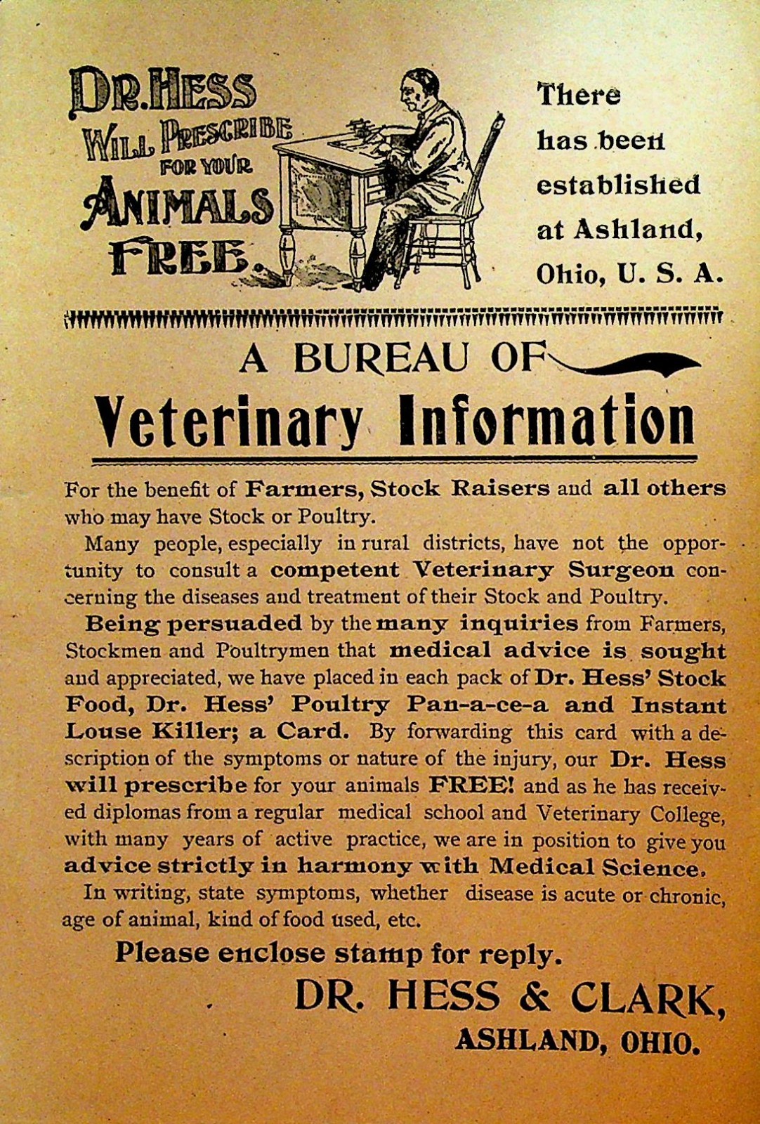 Dr Hess & Clark Ashland Ohio Veterinary Ad Sheet ca 1900