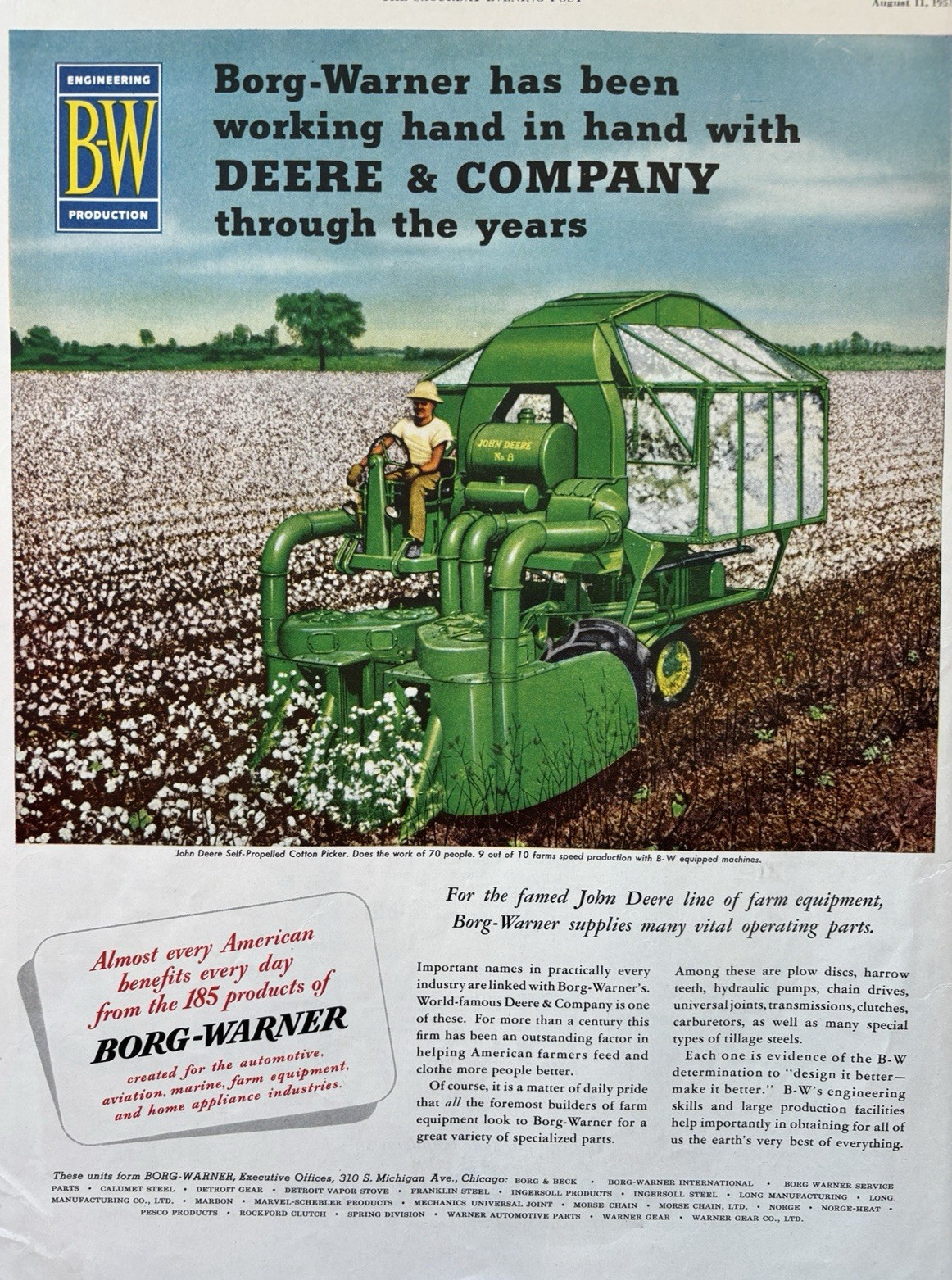 1951 Borg Warner Products Automotive Deere Company Cotton Picker VTG Print Ad