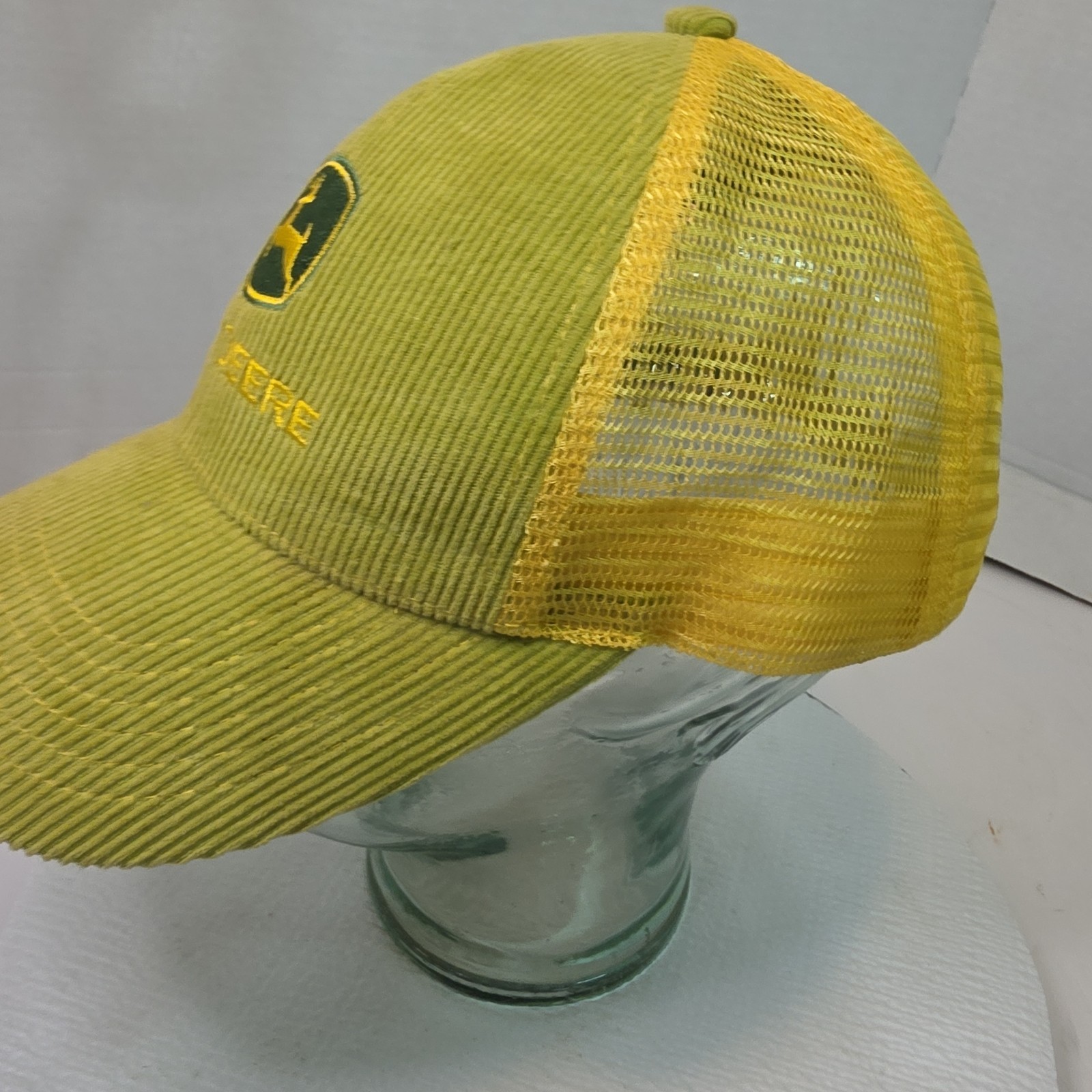 Green/yellow John Deere baseball cap hat knit front mesh back.. Corduroy Snapbac