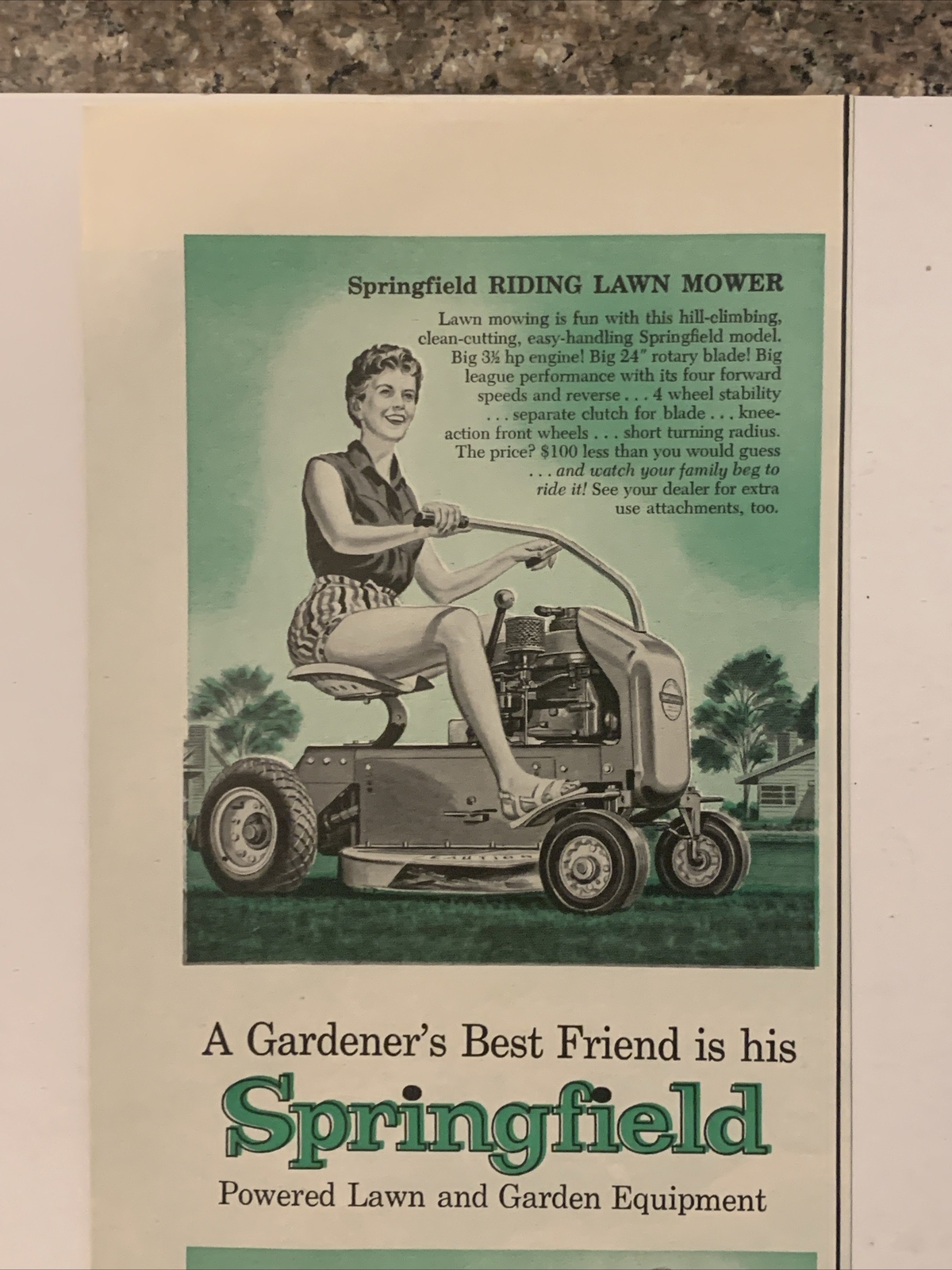 1957 Springfield Lawn & Garden PRINT AD Riding Mower Rotary Tiller Ohio VTG 50s