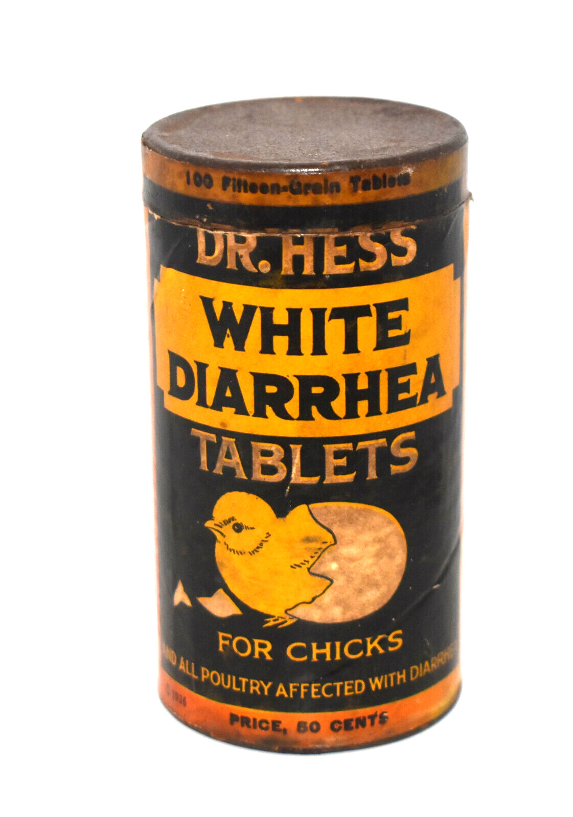 Vintage 1926 Dr Hess White Diarrhea Tablets for Chicks Can Farm Medicine Can