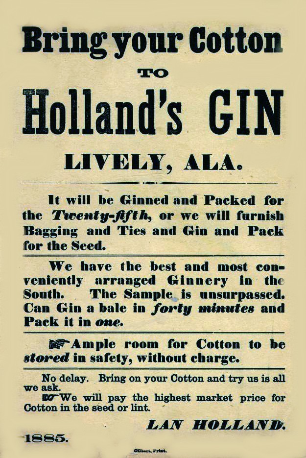 Vintage Holland&rsquo;s Cotton Gin Lively Alabama 1885 Advertising Poster 13×19 print
