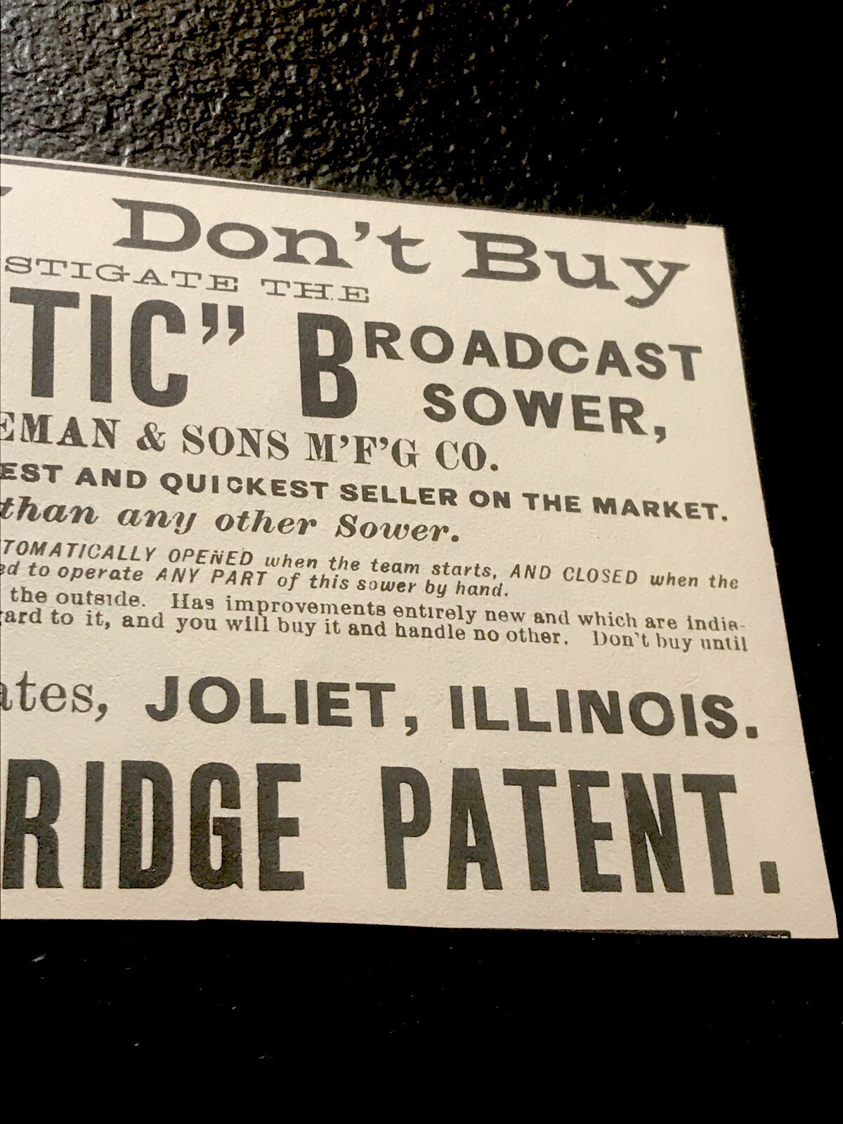 1889 Stowbridge Broadcast Sower Farm Advertising – Joliet – Illinois