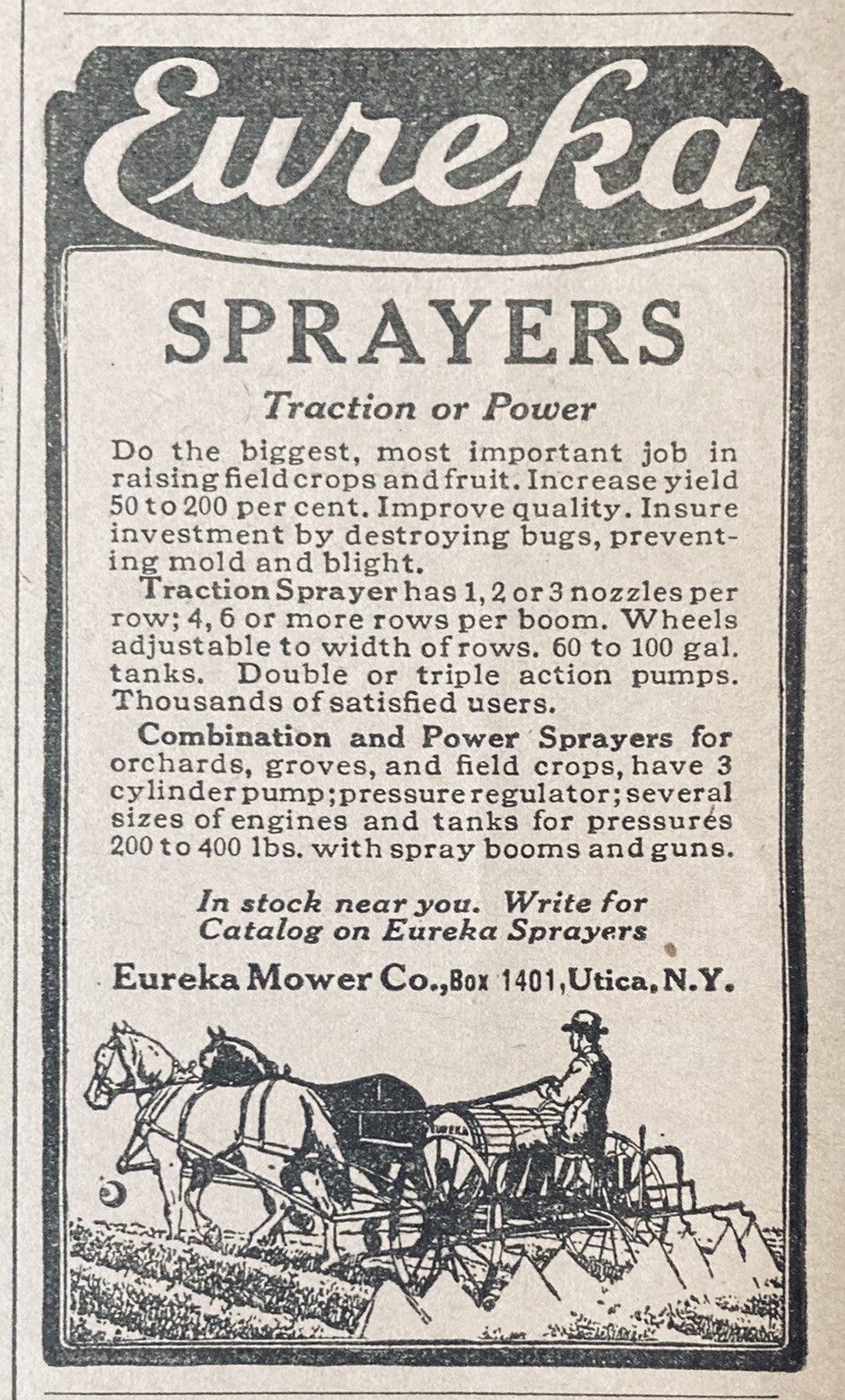 1929 AD.(XG24)~EUREKA MOWER CO. UTICA, NY. EUREKA FARM SPRAYERS