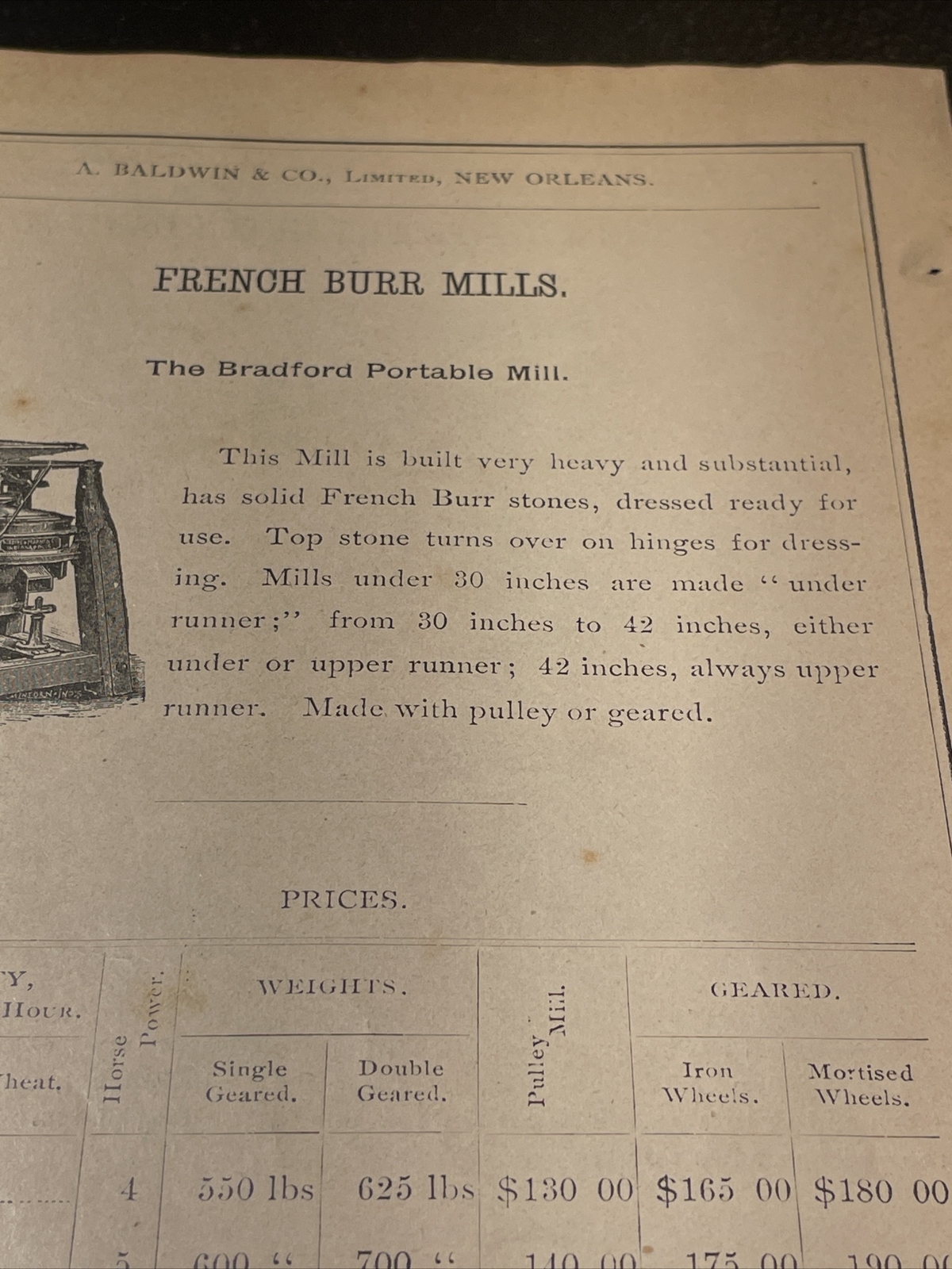 1891 Baldwin – French Burr Mill (Indianapolis) – Farm Advertising New Orleans