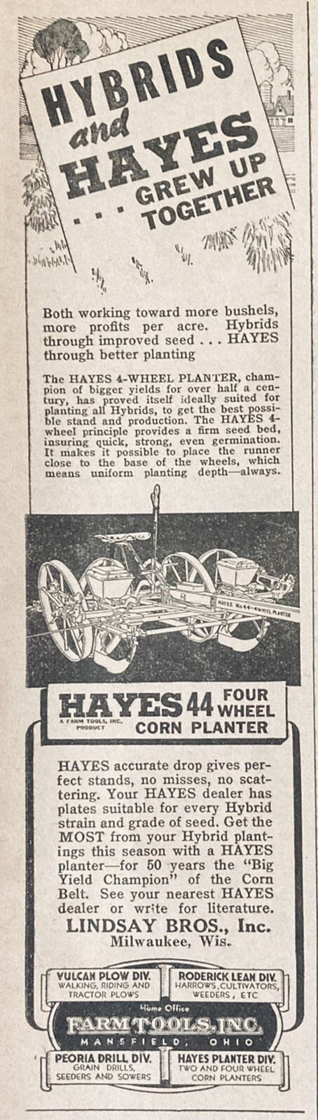 1938 AD.(XH16)~HAYES FOUR WHEEL CORN PLANTER, FARM TOOLS, INC. MANSFIELD, OHIO