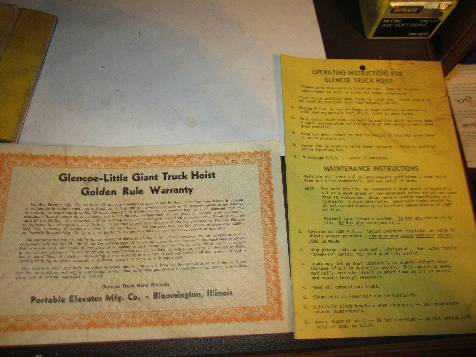 Vintage Little Giant Glencoe TRUCK HOIST GOLDEN WARRANTY AND OPERATIONS CARDS