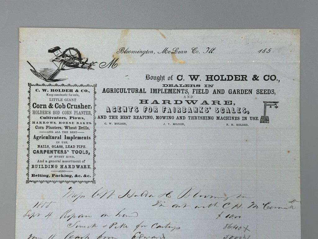 1855 CW Holder FARM Machinery IMPLEMENTS Advertising Ephemera BLOOMINGTON IL