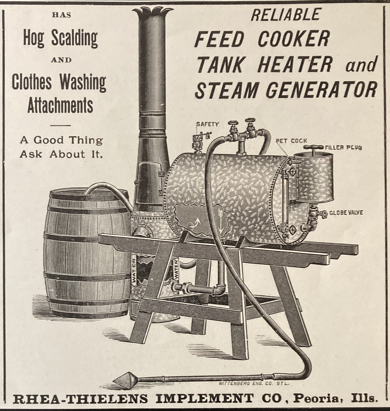 1898 AD(XH24)~RHEA-THIELENS IMPLEMENT CO. PEORIA, ILL. FEED COOKER HEATER