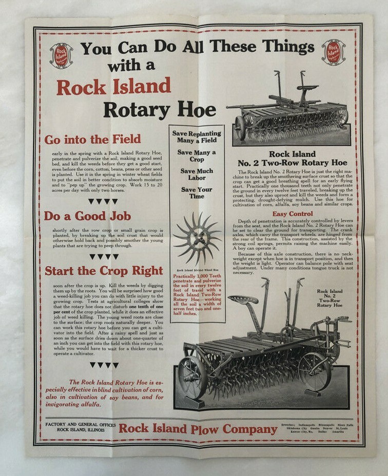 1930 ROCK ISLAND PLOWS Rotary Hoe FARM ADVERTISING Antique Brochure Poster