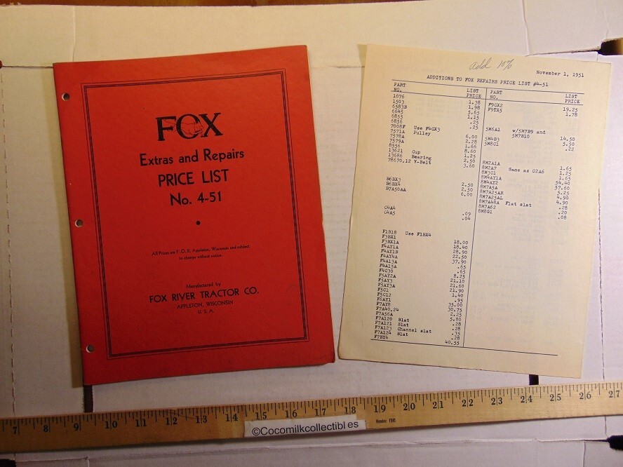 Vintage Fox Extras & Repairs Price List No.4-51 Fox River Tractor Co