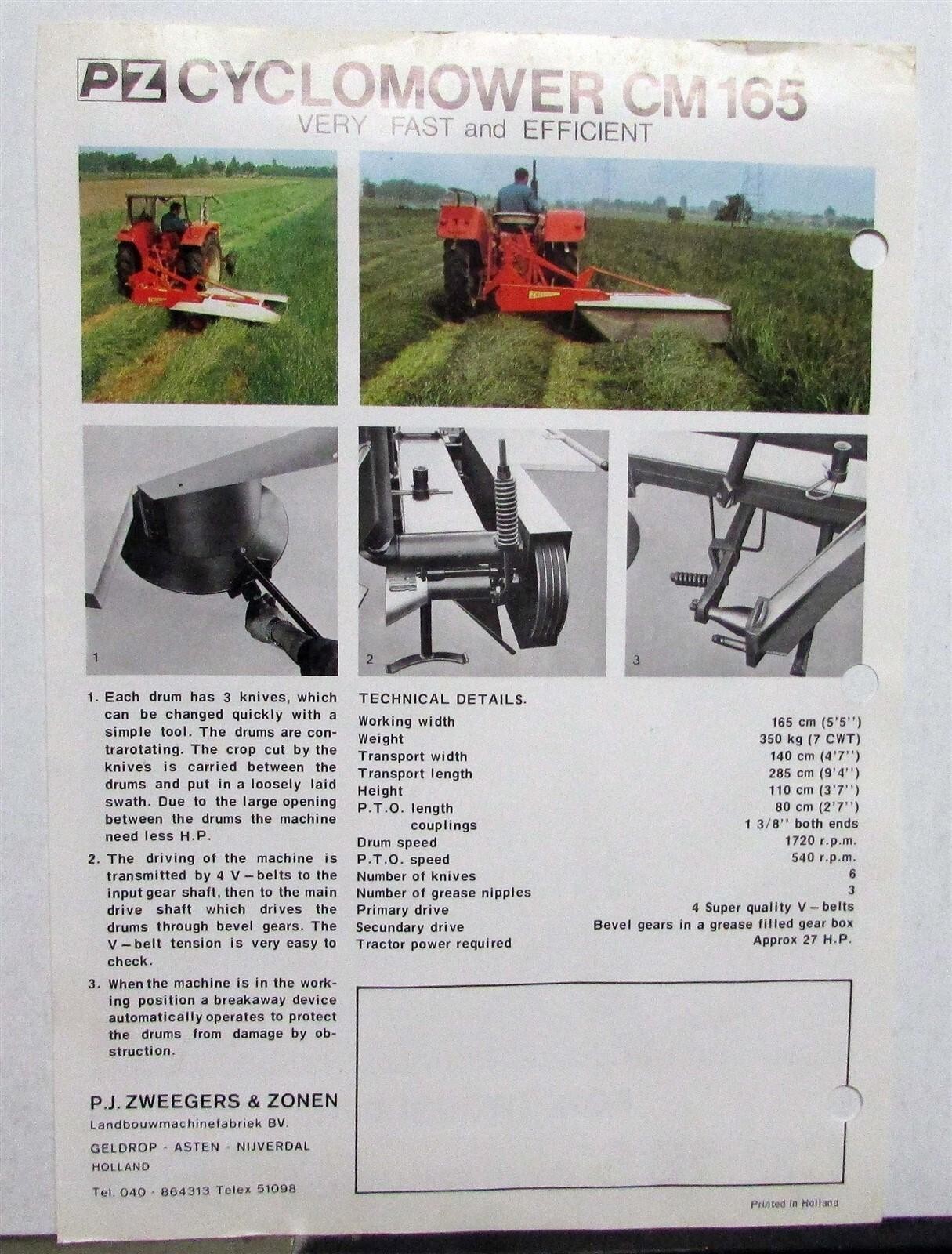 1970s Zweegers CM165 Cyclomower Specs Agricultural Data Sheet