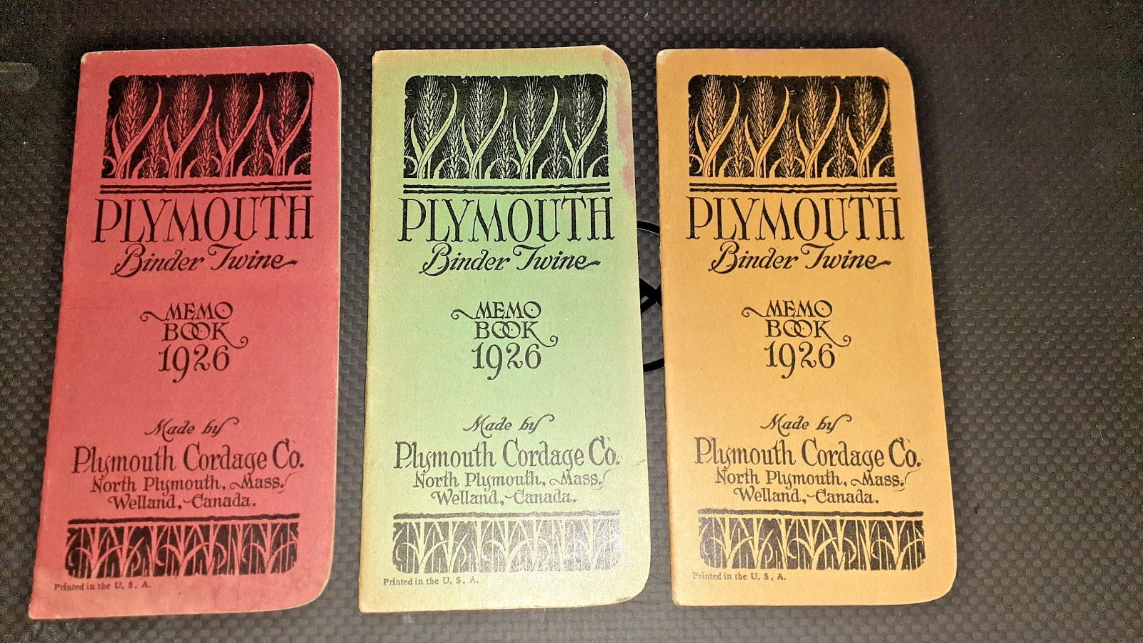 3 PLYMOUTH CORDAGE/BINDER TWINE POCKET MEMO&rsquo;S, MINTY UNUSED, 1926 3 COLORS,